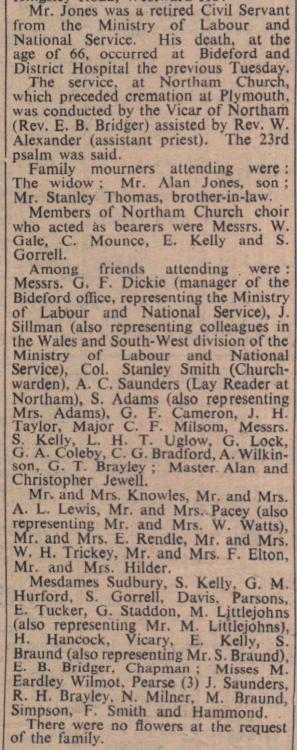 2.5.1952 Northam organist Jones funeral Westons Westward Ho