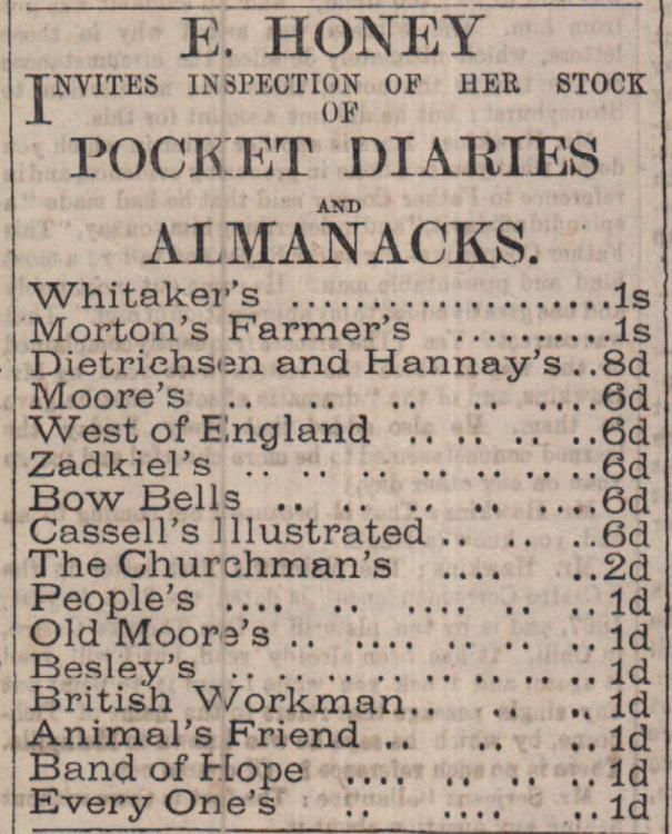 Dec 1871 E Honey diaries almanacks